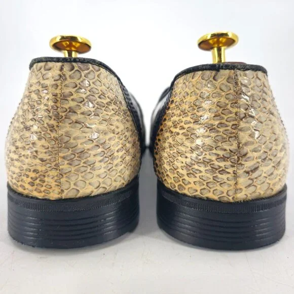 Vintage NEW Exotic Snakeskin 10.5D Dress Shoes Natural Cream Black Tassel Loafer - Picture 6 of 11